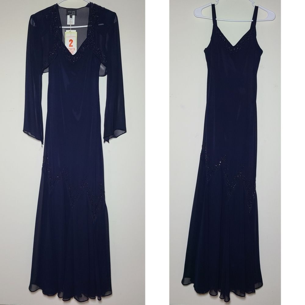 NWT|XSCAPE Navy Blue 2 Piece Beaded Long Evening Dress, 4P